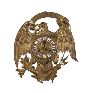 ANSONIA "Pluribus" gilt bronze American Eagle wall clock emblazoned "E PLURIBUS UNUM", circa 1886, 35cm high