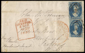 1857 (May) Hobart to Scotland envelope franked 2 x 4d Chalon Star wmks. paying double ship letter rate endorsed 'per Simla Overland Mail' with Liverpool tombstone arrival mark of 22 August 1857 in red.