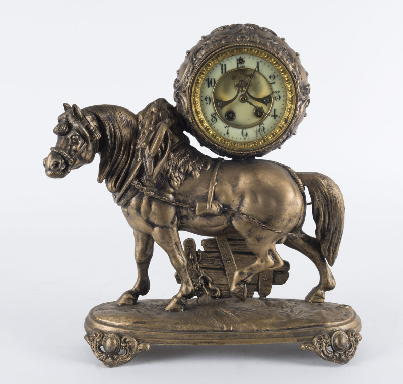 NEW HAVEN "HOLLAND" American gilt metal clock with time and strike and visual escapement, 19th century, 33cm high