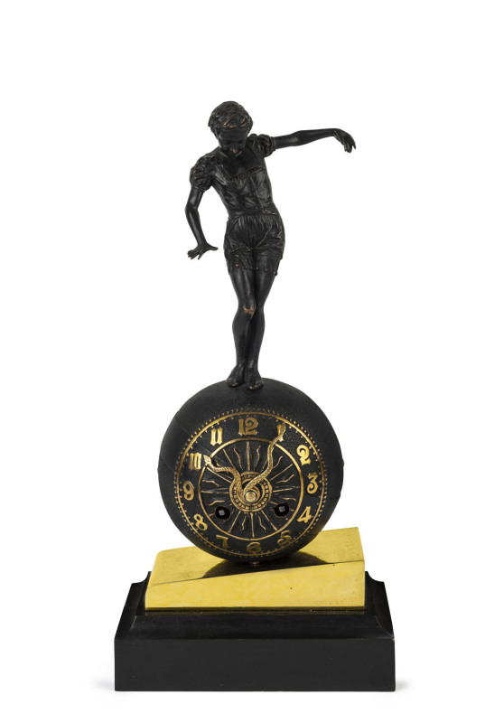 NEW HAVEN "ACROBAT" 8 day bell strike clock cast in brass with Barbedienne finish, circa 1886, 42cm high