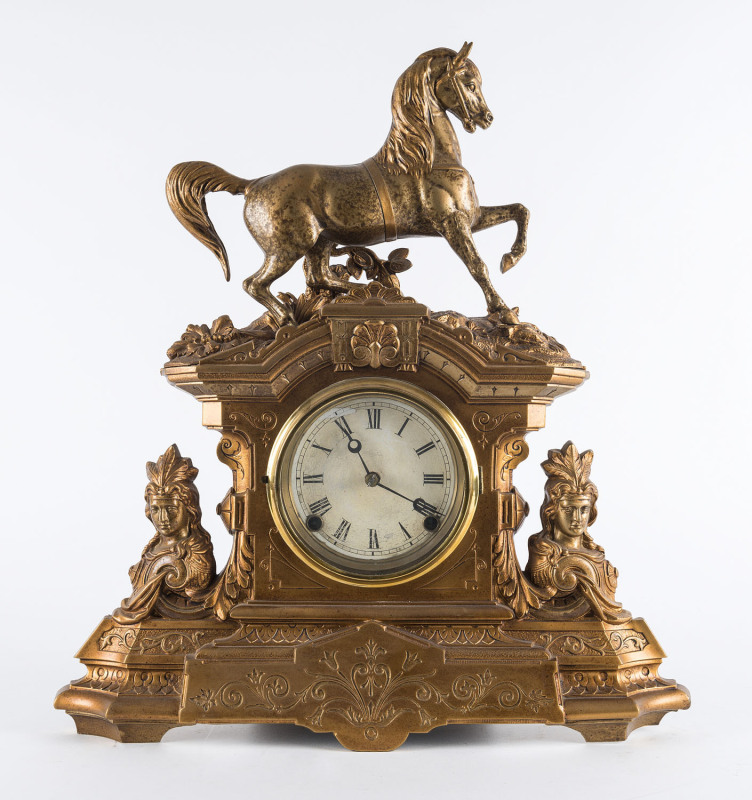 ANSONIA "Dexter" gilt metal clock with horse figured top, time and strike, circa 1872, ​48cm high