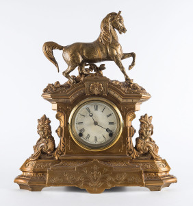 ANSONIA "Dexter" gilt metal clock with horse figured top, time and strike, circa 1872, 48cm high