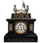 ANSONIA "Mechanical" helmsmen mantel clock, ebonized metal and faux marble case with silver gilt figures, 19th century, 48cm high