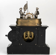 ANSONIA "Mechanical" helmsmen mantel clock, ebonized metal and faux marble case with silver gilt figures, 19th century, 48cm high - 2