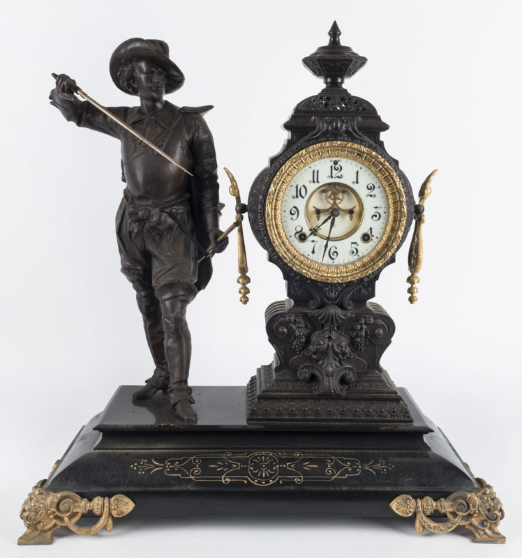 ANSONIA "Don Caesar" American bronze finished spelter figured mantel clock with visual escapement, 19th century, 55cm high