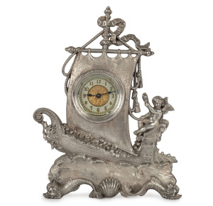 ANSONIA "Barge" silver plated desk clock with one day movement, circa 1894, 23cm high