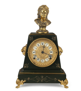 ANSONIA "Euclid With Figure, No.1042", enamel iron cased mantel clock, circa 1886, 41cm high