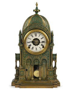 F. KROEBER American architectural alarm mantel clock in Moorish style mosque case, cast metal with original green patina, circa 1870, original wooden back, 48cm high