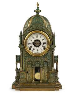 F. KROEBER American architectural alarm mantel clock in Moorish style mosque case, cast metal with original green patina, circa 1870, ​original wooden back, 48cm high