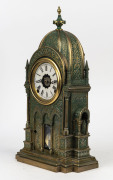 F. KROEBER American architectural alarm mantel clock in Moorish style mosque case, cast metal with original green patina, circa 1870, ​original wooden back, 48cm high - 2