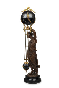 ANSONIA "The Huntress" swing clock, bronze finished spelter and gilt metal on wooden plinth, 19th century, ​62cm high