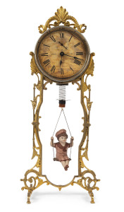 ANSONIA Jumper No.2 Bobbing Doll clock with pink porcelain pendulum doll, circa 1890, 36cm high