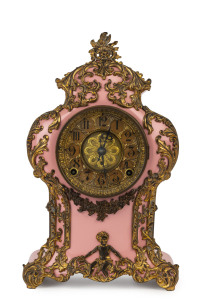 F. KROEBER Clock Co. "VERSAILLES" 8 day gong strike clock with Eclipse movement in ornate pink metal case mounted with gilded metal, 19th century, 38cm high