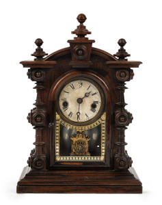 E.N. WELCH "Baby Patti, Number 2" rare 8 day time and strike clock, tablet pendulum, original glass and dial with paper label, original polish on rosewood case, circa 1886, ​26.5cm high