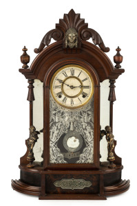 ANSONIA "Triumph" Patented H.J. DAVIES, 8 day time and strike shelf clock, rare original glass with stamp lower centre "Patenet Apllied For", original decorative mirrored pendulum, statues and finials all correct, circa 1878, 61cm high