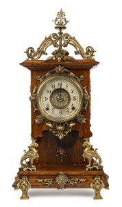 ANSONIA "Cabinet D" plush cabinet mantel clock, oak case with ornate brass mounts, circa 1892, 58cm high