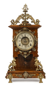 ANSONIA "Cabinet D" plush cabinet mantel clock, oak case with ornate brass mounts, circa 1892, ​58cm high