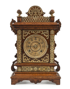 ANSONIA "Cabinet F" plush cabinet mantel clock, oak case with ornate brass mounts, circa 1894, 47cm high