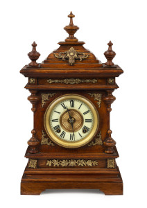 ANSONIA "Cabinet A" plush cabinet mantel clock, oak case with ornate brass mounts, circa 1894, 49cm high