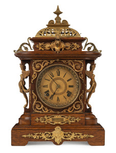 ANSONIA "Cabinet E" plush cabinet mantel clock, oak case with ornate brass mounts, circa 1894, 47cm high