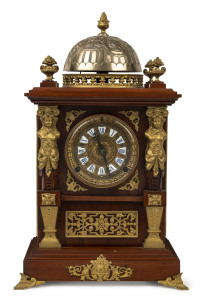 ANSONIA "Antique Number 1" mantel clock with enamel cartouche numerals, walnut case with ornate gilt metal decoration, circa 1894, ​46cm high