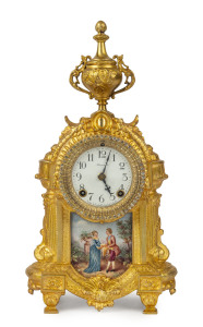 ANSONIA "Versailles" 8 day time and strike cabinet clock in rich gold cast metal finish and pictorial porcelain panel with diamanté bezel, circa 1915, 37cm high