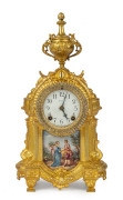 ANSONIA "Versailles" 8 day time and strike cabinet clock in rich gold cast metal finish and pictorial porcelain panel with diamant&eacute; bezel, ​circa 1915, 37cm high