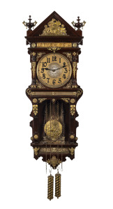 ANSONIA "Antique Hanging", ornate wall clock, 8 day twin weight driven time and strike movement in timber case adorned with gilt metal mounts, 19th century, 121cm high