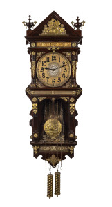 ANSONIA "Antique Hanging", ornate wall clock, 8 day twin weight driven time and strike movement in timber case adorned with gilt metal mounts, 19th century, ​121cm high