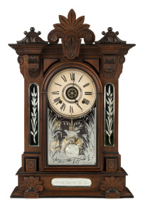 W.L. GILBERT & Co. "Amphion" 8 day time and strike alarm mantel clock in walnut case with beveled and etched mirrors and original pendulum, circa 1884, 65cm high