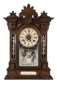 W.L. GILBERT & Co. "Amphion" 8 day time and strike alarm mantel clock in walnut case with beveled and etched mirrors and original pendulum, circa 1884, ​65cm high