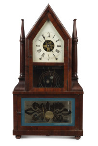 BIRGE & FULLER, Bristol, Conn. American "Four Poster Candlestick Steeple" 8 day time and strike shelf clock with wagon string movement in mahogany case, circa 1850, 66cm high