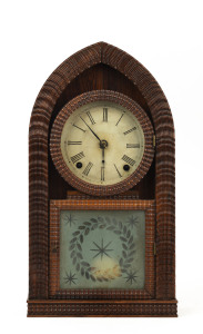 DANIEL PRATT & SONS, Reading, Mass. American Beehive clock with rare ripple-front veneer case, tin dial and frosted glass, circa 1845, 48cm high