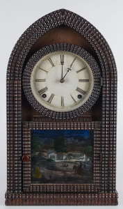 DANIEL PRATT & SONS, Reading Mass. American Beehive clock with rare ripple-front veneer case, tin dial and pictorial glass, circa 1845, 48cm high