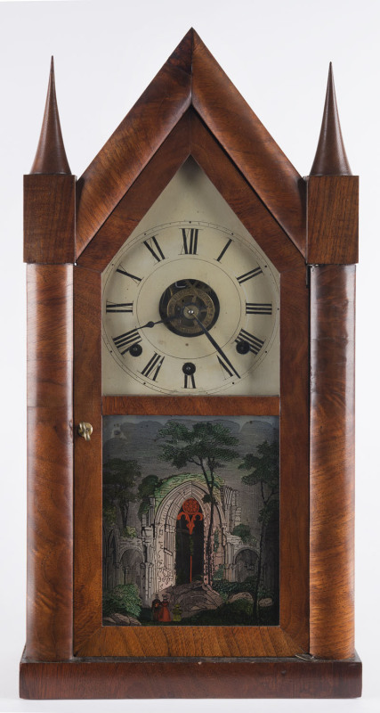 CHAUNCY BOARDMAN Conn. American steeple shelf clock with 30 hour time and strick, alarm mechanism and spring driven fusee movement with turned wooden fusee cones, circa 1845, rare, ​50.5cm high