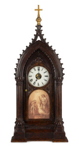 ANGELUS CLOCK Co. Philadelphia, Pennsylvania, rare American Beehive clock designed for the Roman Catholic market with 8 day movement which strikes only three times a day at prayer times of 6am, 12 noon and 6pm. This company was only in business for a short period from 1874-1876. Original pictorial lithograph card with clock instruction on reverse contained in separate envelope with additional information, clock currently displaying a facsimile copy as to preserve the original. Restored mottled f