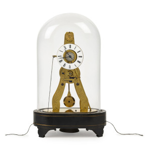 A French Exhibition Alarm Skeleton clock with pull cord wind and brass movement in glass dome, circa 1851. These clocks were produced for the Great Exhibition of 1851 by Victor-Athanase Pierret who achieved an Honorable Mention for his efforts. 28cm high