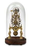 English Skeleton clock, single train fusee movement with bell strike, in glass dome (damaged) on rosewood base, 19th century, 43cm high