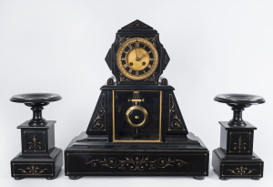 French three piece clock set, 15 day time and strike movement in black slate case, 19th century, 50cm high