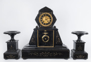 French three piece clock set, 15 day time and strike movement in black slate case, 19th century, 50cm high