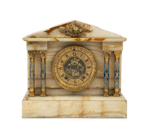 ANSONIA "Leigh" American mantel clock in rare white onyx case adorned with cloisonne enamel columns and very decorative visual escapement, late 19th century 27cm high