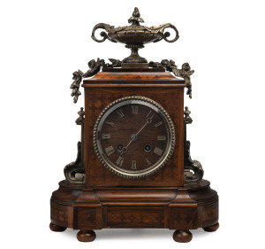 CHARLES OUDIN "Palais Royal" French marquetry mantel clock with ormolu mounts, 19th century, movement signed "Chas. Oudin, Palais Royal, 52, Paris", 32cm high