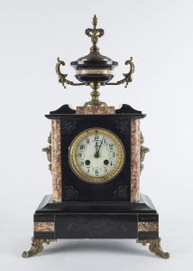 French mantel clock with urn top, black slate and rouge marble with gilt metal mounts, 19th century, 48cm high