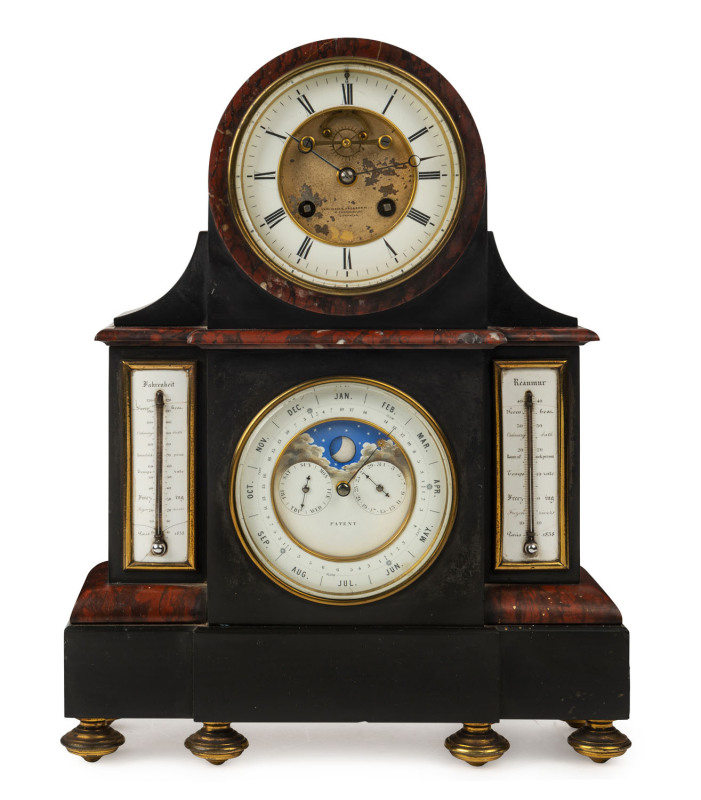 French mantel clock, moonphase, calendar, barometer and thermometer plus visual escapement in black slate and rouge marble case with ormolu trim, 19th century. 43cm high