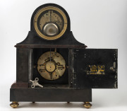 French mantel clock, moonphase, calendar, barometer and thermometer plus visual escapement in black slate and rouge marble case with ormolu trim, 19th century. 43cm high - 2