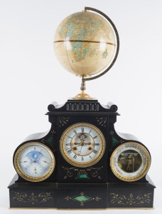 French weather station clock with calendar, barometer and revolving globe, slate cased inlaid with malachite, 19th century, 73cm high