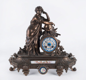 French figured mantel clock, gilded cast metal with Sevres porcelain dial and panels, 19th century, ​40cm high