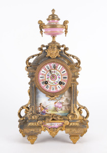French mantel clock, ormolu case with Sevres pink porcelain dial and fittings, 19th century, 38cm high