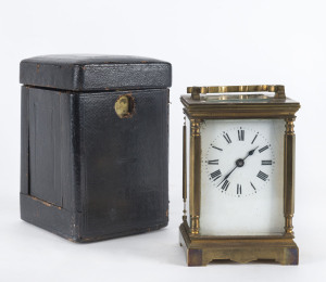 French carriage clock in brass case with original leather carry case, 19th century, 14cm high