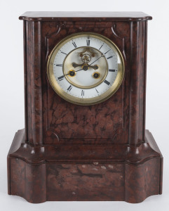 French time and strike mantel clock with visual escapement in rouge marble case, 19th century, 33cm high